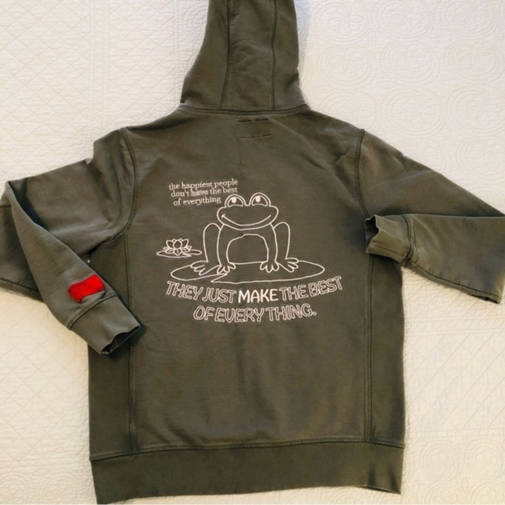 CHNGE reverse weave Love Everybody hooded sweatshirt. Unisex large. Olive green.